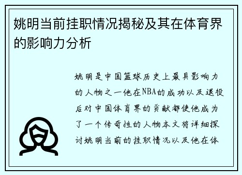 姚明当前挂职情况揭秘及其在体育界的影响力分析